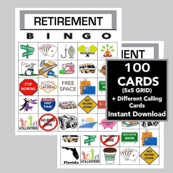 Retirement, Retirement Party Bingo, Retirement Games, Instant Digital Download, Printable Games, 100 Different Cards, Calling Cards