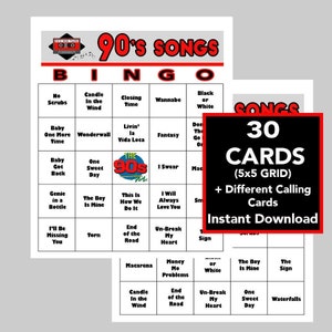 Successi musicali degli anni '90, 30 cartelle del bingo, download, giochi del bingo, giochi stampabili, elenco delle chiamate e playlist Spotify inclusi
