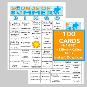 Música de verano, Éxitos de verano, Fiesta de verano, Descarga digital, Juegos de bingo, Juegos imprimibles, 100 cartones de bingo diferentes