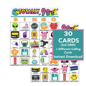 90's Bingo, 90's Games, 90's Birthday Party, Digital Download, Bingo Games, Printable Games, 30 Different Bingo cards