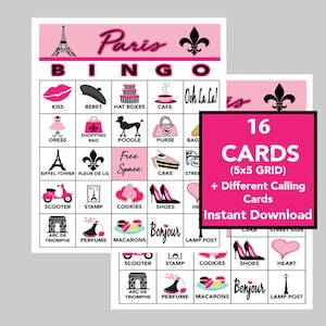 Paris, France, Paris Party Bingo, Paris Games, Digital Download, Bingo Games, Printable Games, 16 Different cards