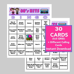 Tubes des années 80, fête des années 80, téléchargement numérique, jeux de bingo, jeux à imprimer, jeux virtuels, 30 cartes de bingo, liste de lecture Spotify incluse