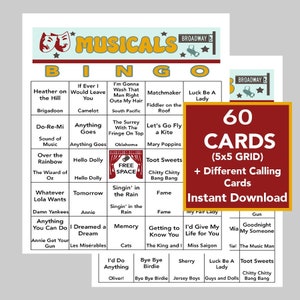 Musicals, Broadway Music Hits, Broadway Musicals,  Bingo Games, Instant Digital Download, 60 Different Bingo cards, Spotify Playlist