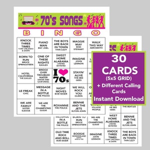 Éxitos musicales de los 70, fiesta de los 70, cumpleaños de los 70, descarga digital instantánea, juegos de bingo, juegos imprimibles, 30 tarjetas de bingo diferentes, enlace de Spotify