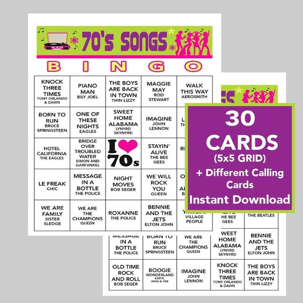 70's Music Hits, 70's Party, 70's Birthday, Instant Digital Download, Bingo Games, Printable Games, 30 Different Bingo cards, Spotify Link