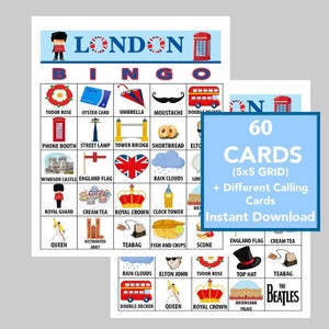 LONDEN Bingo, London Sightseeing, England Party, digitale download, bingogames, afdrukbare games, 60 verschillende kaarten