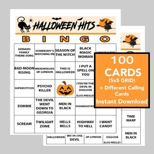 Éxitos de Halloween, Música de Halloween, Cartones de bingo de Halloween, Descarga digital, Juegos de bingo, 100 cartones únicos, Lista de reproducción de Spotify incluida