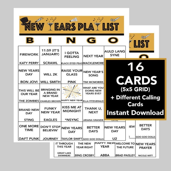 New Years Bingo, New Years MUSIC, New Years Eve Bingo, 2023 Countdown, Digital Download, 16 Different cards, Spotify Playlist Included