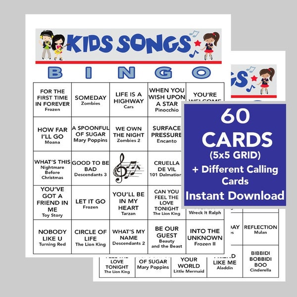 Kindermuziek, kinderliedjes, kindermuziekbingo, digitale download, bingospellen, afdrukbare spellen, 60 verschillende bingokaarten, Spotify-afspeellijst