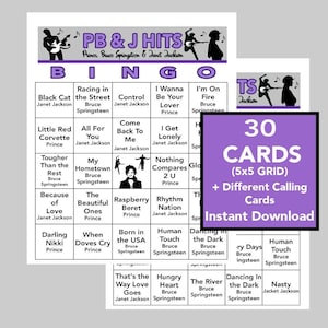 Muziekhits, muziekfeest, Prins, Bruce Springsteen, Janet Jackson, digitale download, bingospellen, afdrukbare spellen, 30 bingokaarten