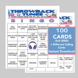 70's, 80's, 90's, 2000's, 2010's Music, Music Birthday, Music Bingo, Instant Digital Download, 100 Different Bingo cards, Spotify Playlist image 1