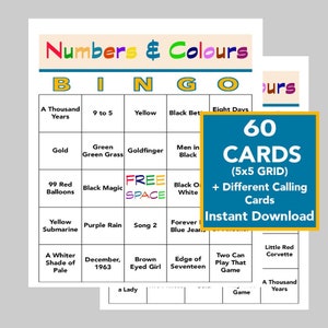 Éxitos musicales de números y colores, fiesta musical, bingo singo, descarga digital instantánea, lista de reproducción de Spotify incluida, 60 cartones de bingo únicos