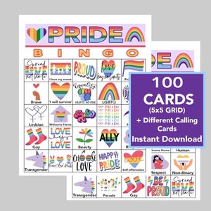 Pride BINGO, mois de la fierté, jeu de société LGBTQ, téléchargement numérique, jeux imprimables, 100 cartes uniques