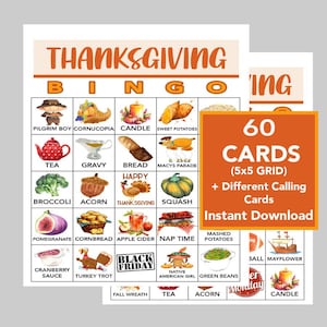Thanksgiving Bingo, Thanksgiving Games, Thanksgiving Family Game, Office party game, 60 Different cards, Instant Digital Download