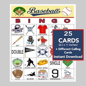 Baseball Bingo Game, Sports Bingo, Baseball Games, Softball, Fun Games for Kids, Instant Digital Download, 25- 8.5&#39; x 11&#39; Cards, Call List
