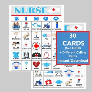 Medizinisches Bingospiel, Woche der Krankenschwester Wertschätzung!  Krankenschwester-Abschluss-/Ruhestands-Party, sofortiger digitaler Download, Bingo-Spiele, 30 verschiedene Karten