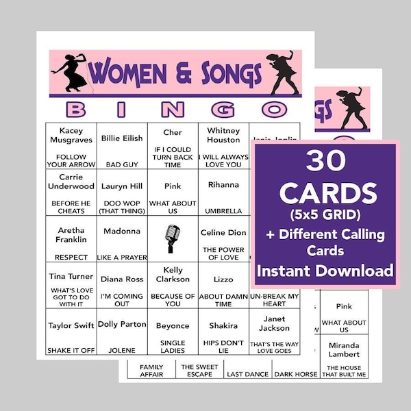 Women and Songs Bingo, Womens Music, Girl Songs,  5'x5' Bingo Cards, Digital Download,  30 Different cards, Fun for all, Spotify Playlist