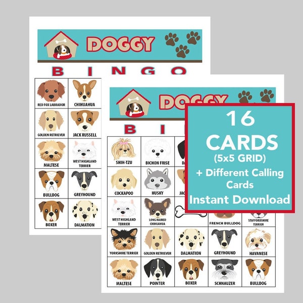 Dogs, Doggie Bingo, Instant Digital Download, Bingo Games, Printable Games, Birthday Party Games, 16 Different cards, Calling Cards