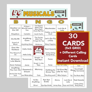 Musicals, Broadway-muziekhits, Broadway-musicals, bingogames, directe digitale download, 30 verschillende bingokaarten, Spotify-afspeellijst