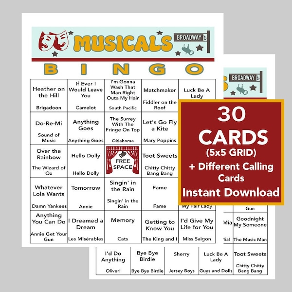 Musicals, Broadway Music Hits, Broadway Musicals,  Bingo Games, Instant Digital Download, 30 Different Bingo cards, Spotify Playlist