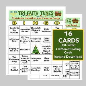 HOLIDAY Music, Bingo, Noël, Hanukkah, Kwanzaa, Music Bingo, Téléchargement numérique, Jeu scolaire, 16 cartes Bingo, Spotify Playlist incluse.