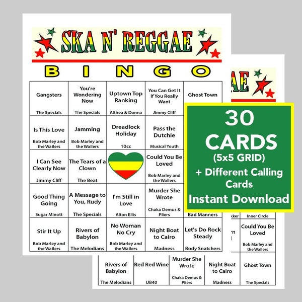Ska N Reggae, Reggae Music, Music Bingo, Jamaica, Group Activity, Instant Digital Download, 30 Unique Cards, Spotify Playlist