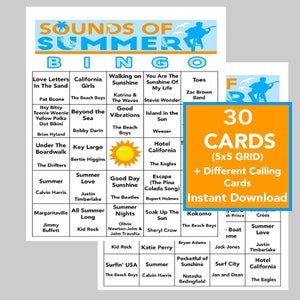 Música de verano, Éxitos de verano, Fiesta de verano, Descarga digital, Juegos de bingo, Juegos imprimibles, 30 cartones de bingo diferentes, Lista de reproducción de Spotify