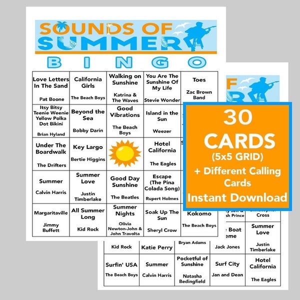 Summer Music, Summer Hits, Summer Party, Digital Download, Bingo Games, Printable Games, 30 Different Bingo cards, Spotify Playlist