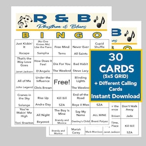 Éxitos de música R&B, fiesta de ritmo y blues, descarga digital, juegos de bingo, juegos imprimibles, 30 cartones de bingo únicos, lista de reproducción de Spotify incluida
