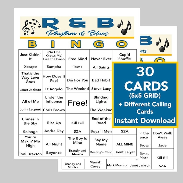 R&B Music Hits, Rhythm and Blues Party, Digital Download, Bingo Games, Printable Games, 30 Unique Bingo cards, Spotify Playlist Included