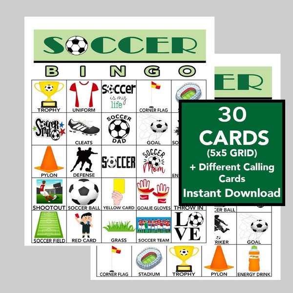 Soccer Bingo, Soccer Game, Soccer Party,  Soccer Birthday Party,  Soccer Printable's, Sports Bingo, Instant Download, 30 Different Cards