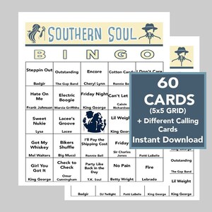 Años 50, 60, 70, Southern Soul, Blues, Country, R&B, Gospel, Bingo musical, Descarga digital, 60 cartones de bingo diferentes, Lista de reproducción de Spotify