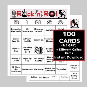 Rock 'n' Roll, Bingo de Rock 'n' Roll, Juegos de Música, Fiesta de Rock 'n' Roll, Descarga Digital Instantánea, 100 Cartones de Bingo, Lista de Reproducción de Spotify Incluida