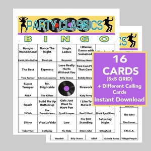 Muziekbingo, Party Classic Hits Muziek, Bingogames, Directe digitale download, 16 verschillende bingokaarten, Spotify-afspeellijst inbegrepen