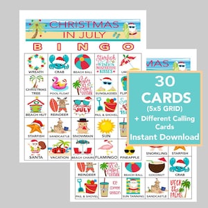 Jogo de Natal em julho, Bingo de Natal em julho, jogo de festa, para adultos e crianças, jogos para impressão, download instantâneo, 30 cartas diferentes