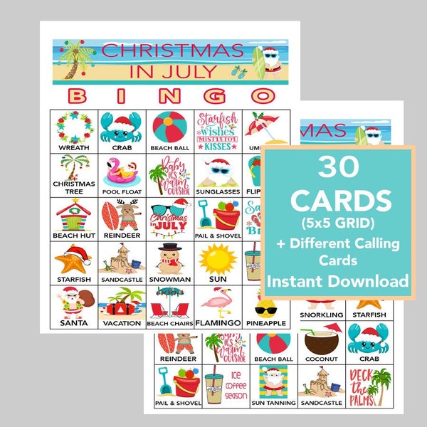 Christmas In July Game, Christmas in July Bingo, Party Game, For Adults and Kids,  Printable Games, Instant Download, 30 Different Cards