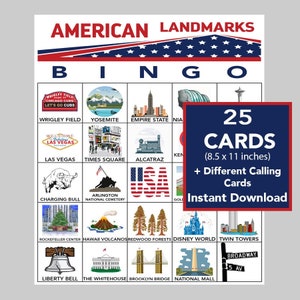 Bingogame American Landmarks, Amerikaanse feestbingo, Amerikaanse games, leuke bingo, directe digitale download, 25 verschillende kaarten, formaat 8,5 x 11'