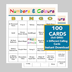 Números e cores de sucessos musicais, festa musical, Singo Bingo, download digital instantâneo, lista de reprodução Spotify incluída, 100 cartões de bingo exclusivos
