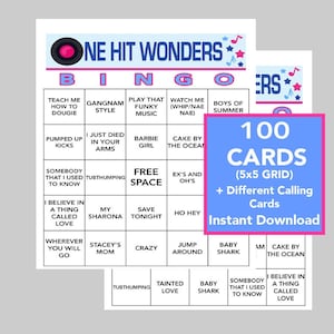 One Hit Wonder Music, One Hit Wonder Songs, 100 cartones de bingo únicos, descarga instantánea, juegos de bingo, lista de llamadas y lista de reproducción de Spotify incluidos
