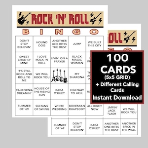 Rock'n'roll, bingo rock'n'roll, jeux de musique, soirée rock'n'roll, téléchargement numérique instantané, 100 cartes de bingo, liste de lecture Spotify incluse
