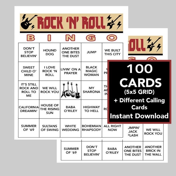 Rock 'n' Roll, Rock 'n' Roll Bingo, Music Games, Rock 'n' Roll Party, Instant Digital Download, 100 Bingo cards, Spotify Playlist Included