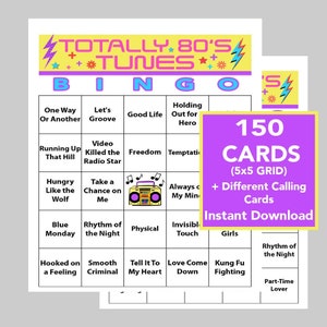 May include: A printable bingo card with a pink and yellow design. The card features 80's music titles like "One Way or Another", "Let's Groove", "Good Life", "Holding Out for a Hero", "Running Up That Hill", "Video Killed the Radio Star", "Freedom", "Temptation", "Hungry Like the Wolf", "Take a Chance on Me", "Always on My Mind", "Blue Monday", "Rhythm of the Night", "Physical", "Invisible Touch", "Hooked on a Feeling", "Smooth Criminal", "Tell It To My Heart", "Love Come Down", "Kung Fu Fighting", and "Part-Time Lover". The card is part of a set of 150 cards, with different calling cards included. The text "150 Cards (5x5 GRID) + Different Calling Cards Instant Download" is also on the card.