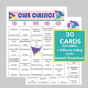 Club Classics, 90's Club Music, Dance Music Bingo, Instant Digital Download, Spotify-afspeellijst inbegrepen, 30 unieke bingokaarten