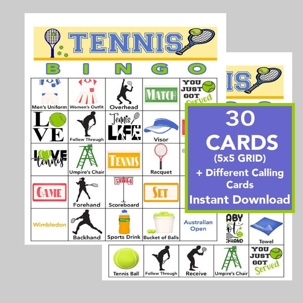 Tennis Bingo Game, Sports Bingo,  Party Bingo, Tennis Games, Fun Games for Kids, Instant Download, 30 Cards