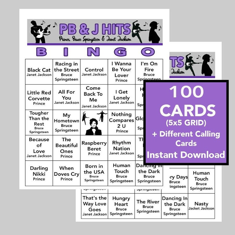 May include: Purple and white bingo card with the title "PB & J Hits" and the names Prince, Bruce Springsteen, and Janet Jackson. The bingo card has 25 squares with song titles from these artists. The card is part of a set of 100 cards.