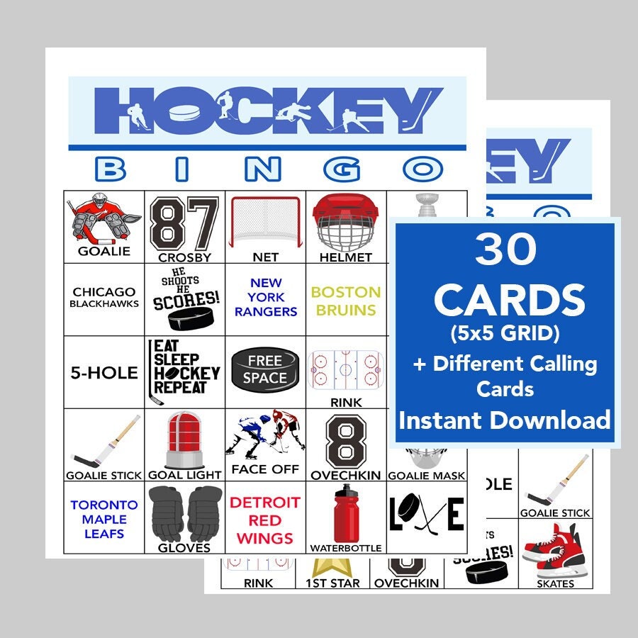 Hockey Bingo, Hockey Game, Hockey Party,  Hockey Birthday Party,  Hockey Printable's, Sports Bingo, Instant Download, 30 Different Cards