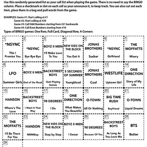 Może przedstawiać: Instrukcja do gry w Bingo z zespołami boysbandowymi. Karta do bingo zawiera nazwy zespoł&oacute;w, takich jak *NSYNC, Backstreet Boys i One Direction. Gra zawiera instrukcje dla r&oacute;żnych typ&oacute;w gier bingo.