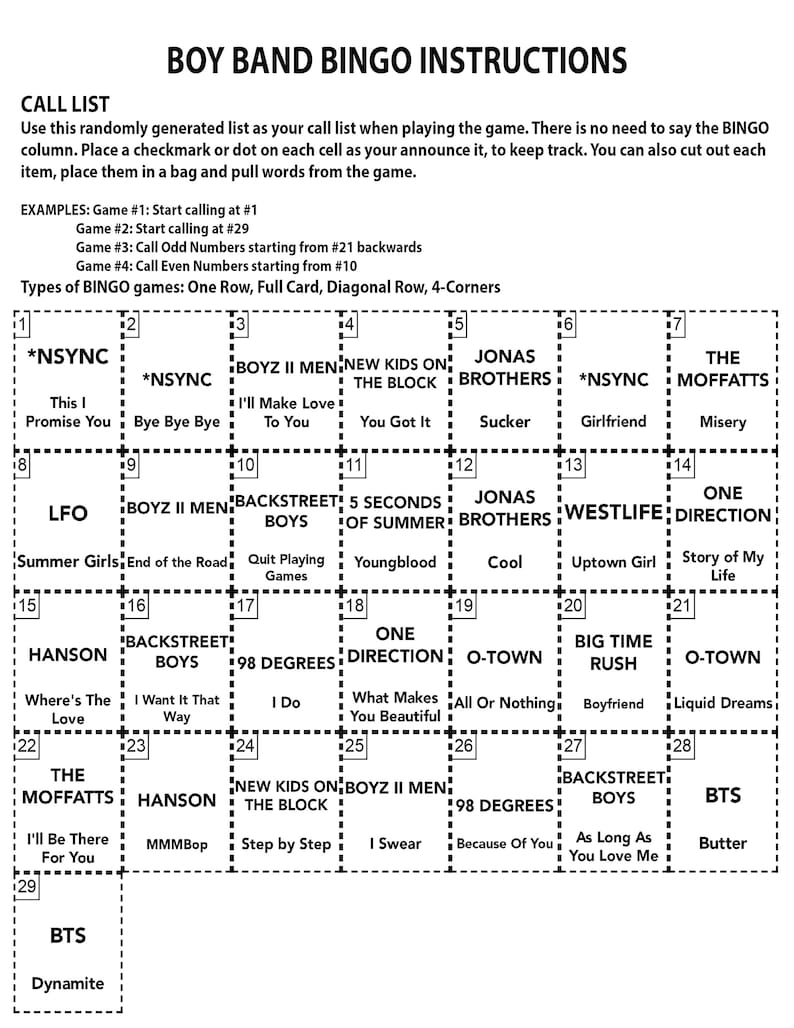 Może przedstawiać: Instrukcja do gry w Bingo z zespołami boysbandowymi. Karta do bingo zawiera nazwy zespoł&oacute;w, takich jak *NSYNC, Backstreet Boys i One Direction. Gra zawiera instrukcje dla r&oacute;żnych typ&oacute;w gier bingo.
