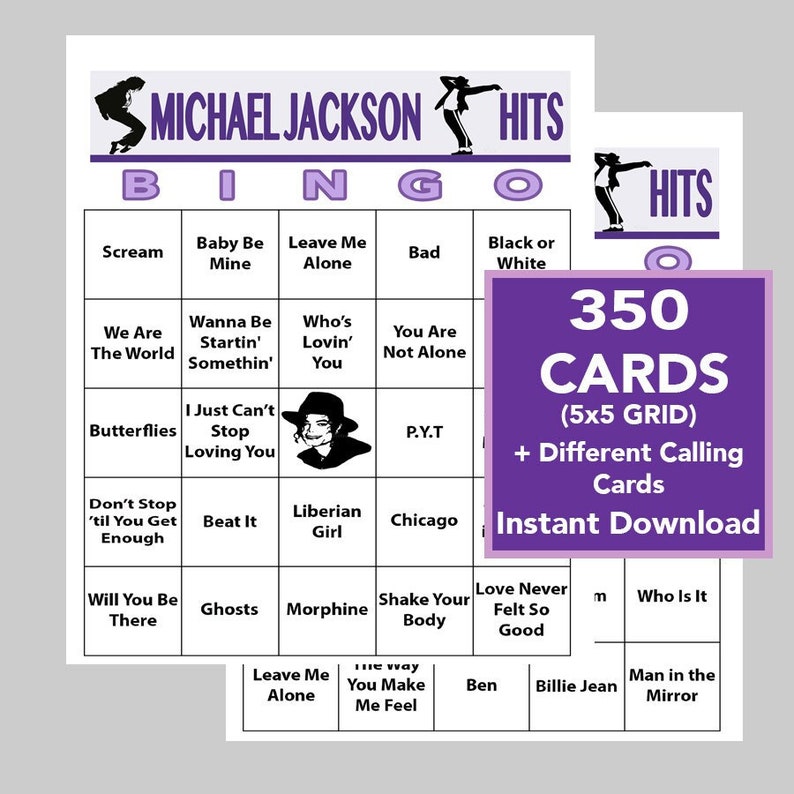 K&ouml;nnte beinhalten: Eine violette und wei&szlig;e Bingokarte mit dem Titel "Michael Jackson Hits" und einer Liste von Michael-Jackson-Songs. Die Karte ist Teil eines Sets mit 350 Karten, die zum sofortigen Download verf&uuml;gbar sind.