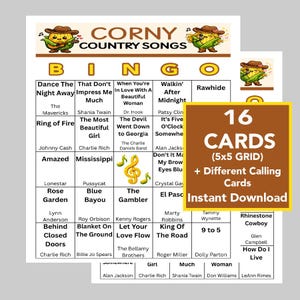 May include: A printable bingo game with a country music theme. The game includes 16 cards with a 5x5 grid, plus different calling cards. The title "Corny Country Songs" is displayed at the top, with a cartoon corn character.